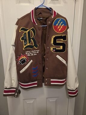 Fashion Nova Brown and Cream Varsity Jacket with Patches